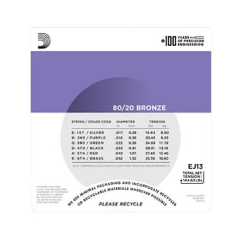 Encordado Guitarra D'addario Ej13 80/20 Bronce Cal 11-52