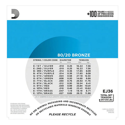 Encordadura Guitarra Acústica 12 Cuerdas D'addario Ej36
