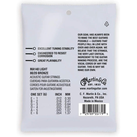 Paquete De Cuerdas Para Guitarra Acustica, Martin Ma140