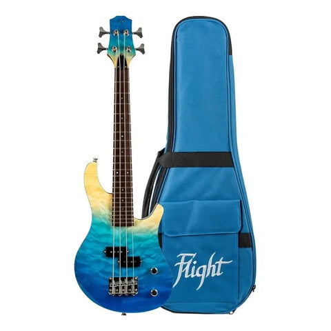 Bajo Eléctrico Flight Mini Bass De 4 Cuerdas Con Funda, Acabado Barnizado Transparent Blue Diestro