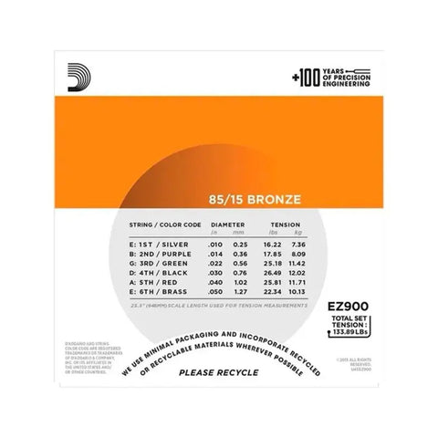Encordado D'addario Ez900 Para Guitarra Acústica De 6 Cuerdas, Tensión .010