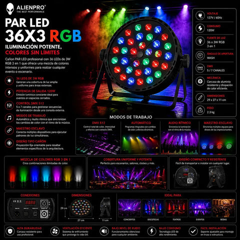 Luz De Escenario Led Alienpro Par36x3wrgb