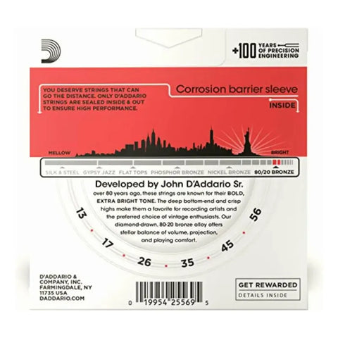 Cuerdas Para Guitarra Acústica D'addario 80/20 De Bronce, Calibre Mediano (13-56)  Pack De 3