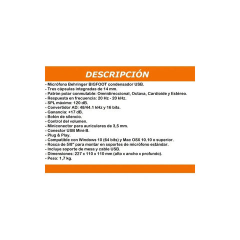 Microfono Behringer Bigfoot Usb Podcast Streaming Salida Aur Color Negro